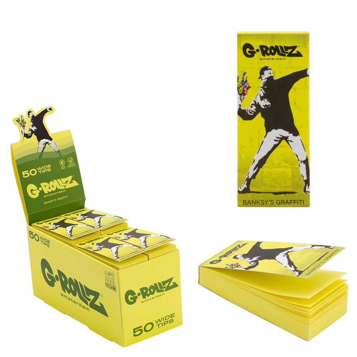 G-ROLLZ | Banksy's Graffiti 'Flower Thrower' YELLOW Filter Tips 2,5 X 6cm