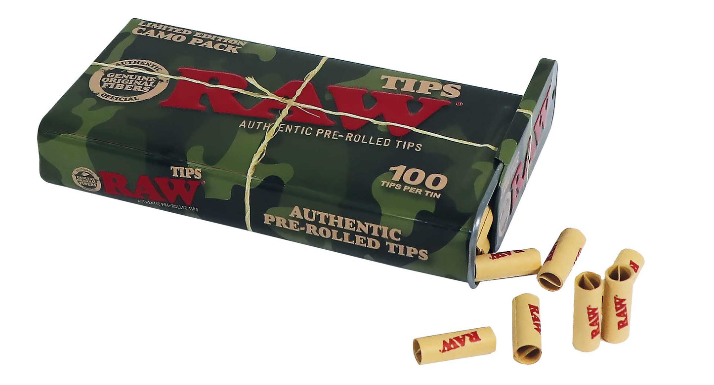 RAW Pre-Rolled Tips + Tin Storage - Single Unit - 100 Tips per Tin Camo