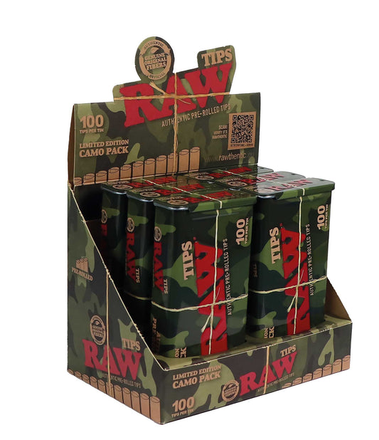 RAW Pre-Rolled Tips + Tin Storage - Single Unit - 100 Tips per Tin Camo